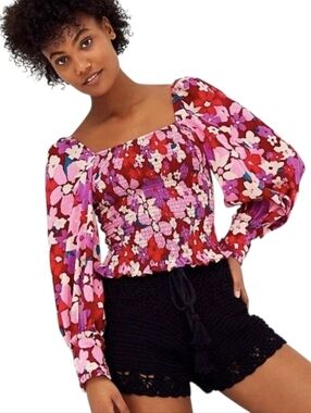 Free People Ariana Pink Floral Print Smocked Puff Long Sleeve Top. Size Small
